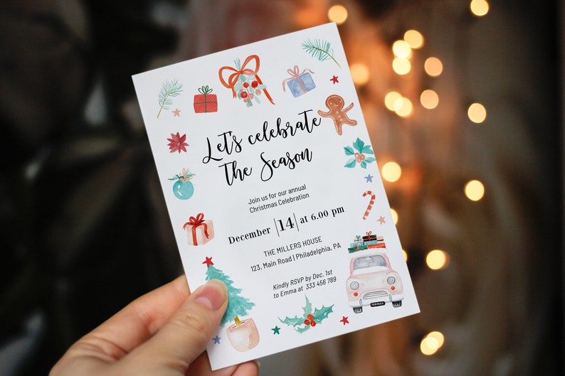 May include: A white Christmas invitation with watercolor illustrations of presents, ornaments, a gingerbread man, a candy cane, a car, and a Christmas tree. The invitation reads "Let's celebrate the season" and includes details for a Christmas celebration on December 14th at 6:00 pm at The Millers House.
