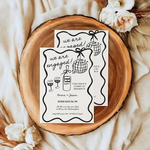 Annuncio di fidanzamento elegante e informale, aperitivo fidanzamento, disco ball, colori editabili, edita e stampa, fai da te aa059