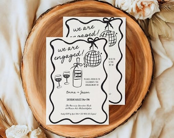 Hand drawn Engagement Party Invitation Template, Disco Ball and wine engagement announcement, Were Engaged Celebration Party Invite AA059