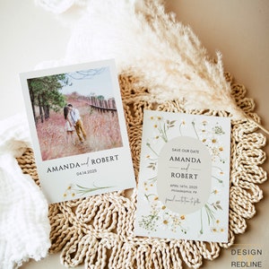Save the Date nozze con bellissimi fiori di campo, Annuncio matrimonio stile boho con margherite e fotografia, template da stampare