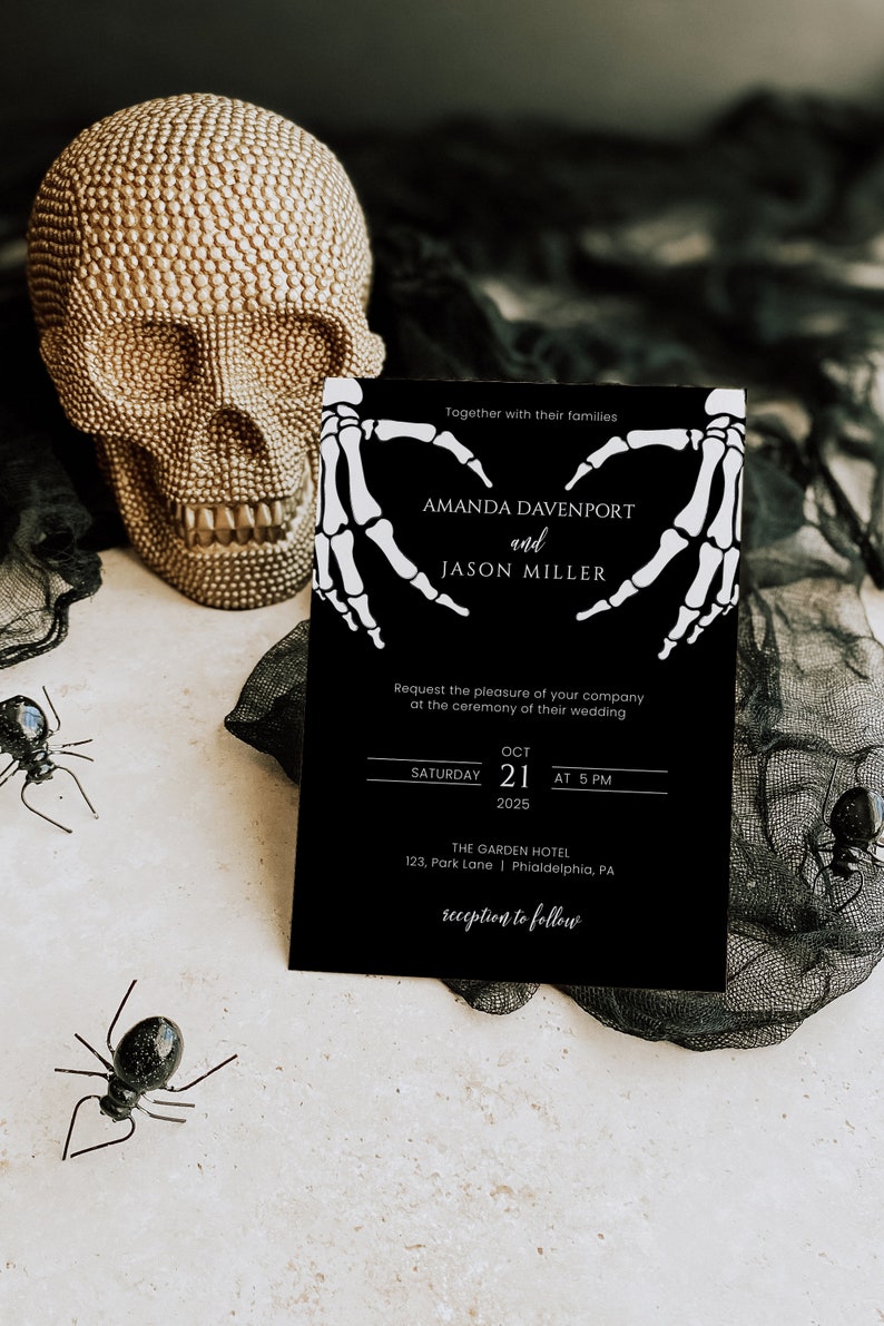 Gothic Wedding Invitation Template, Till death Wedding Invite Editable and Printable, skeleton hands, skull wedding instant download image 1