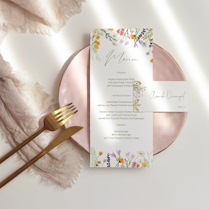 Wildflowers Menu Card and name card template, place card editable, menu 4x9, meadow flowers, wild flower menu card instant download