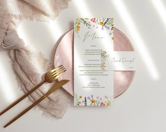 Wildflowers Menu Card and name card template, place card editable, menu 4x9, meadow flowers, wild flower menu card instant download