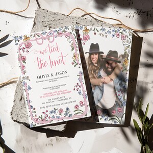 May include: A floral wedding invitation with a pink and white border. The invitation reads "We tied the knot" with the couple's names, Olivia and Jason, and the date and time of the wedding reception. A photo of the couple is included in the bottom right corner.