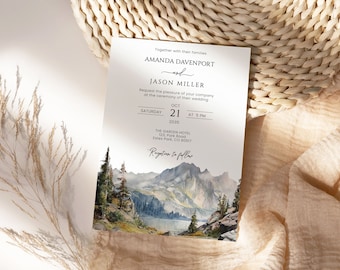 Mountain Wedding Invitation, lakeside woodland editable invite, watercolor wedding invite template, boho mountain invite aa031