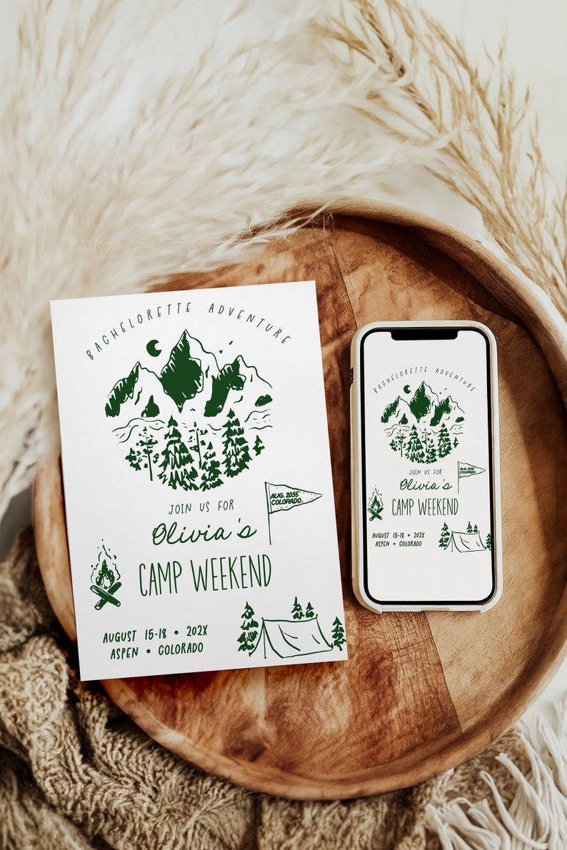Camp Bachelorette Party Invitation and Itinerary Template, Hand drawn Retro Weekend Invite, Last Trail, Camping Glamping AA063 image 3