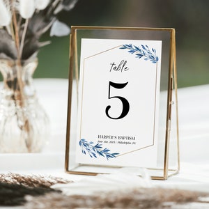 Elegant Table numbers template with blue leaves and gold frame, Personalized monogrammed Table numbers, Custom date table numbers card