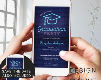 Neon Graduation Party invitation digital, Electronic Grad Party invite, Neon Retro, editable PDF