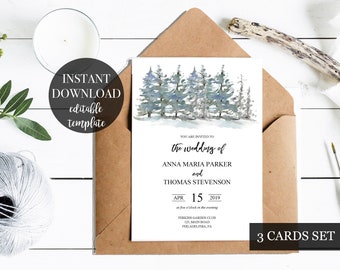 Wedding Invitation Set Template, Woodland forest Wedding invitation printable, rustic wedding editable text invite instant download PDF #WFR