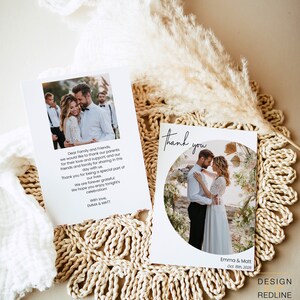 Ringraziamenti biglietto sposi con fotografia e messaggio sul retro, matrimonio minimalista boho, template editabile d stampare