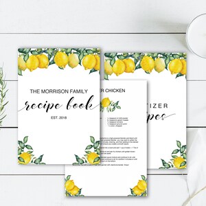 Libro delle ricette di famiglia con limoni, template digitale da editare e da stampare, PDF