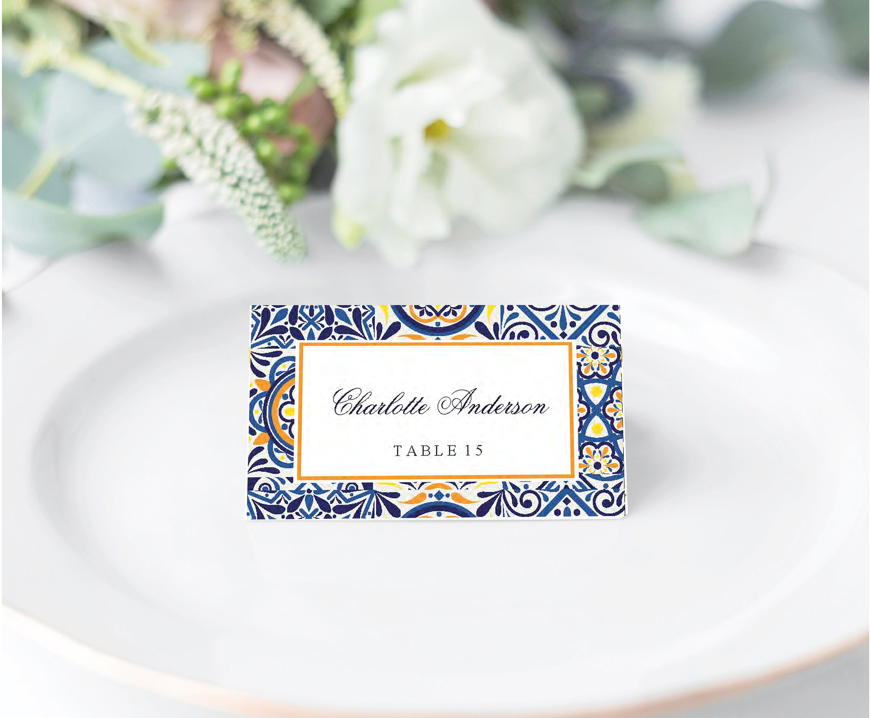 Blue And Orange Tile Place Cards Mediterranean Tiles Escort Cards