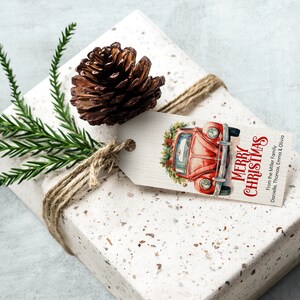 Etichetta regali di natale personalizzata con macchina vintage, edita e stampa