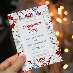 Invito festa di fidanzamento con piastrelle rosse e oro in stile nordico, matrimoio stile natale