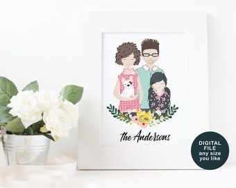 Personalised Family Portrait printable, Custom family illustration digital file, per portrait, couple portrait, printable digital file