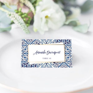 Blue Tiles Place Cards, Mediterranean Tiles Escort Cards, Portuguese Sicily Spanish Wedding Table Decor, Foldable or Fold, Editable PDF #BTL