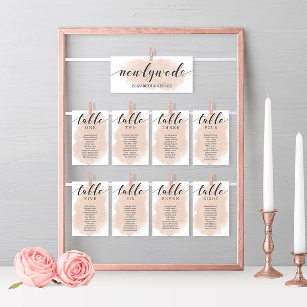 Tableau de Mariage cartellini con testo modificabile, Tableau matrimonio con sfondo rosa cipira acquerello, da stampare, tableau fai da te