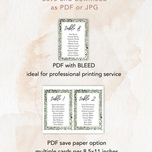 May include: Printable table number cards with a green and white geometric pattern. The cards are labeled "table 1", "table 2", and "table 8" and list names for each table. The text "PDF with BLEED" and "PDF save paper option" is also included.