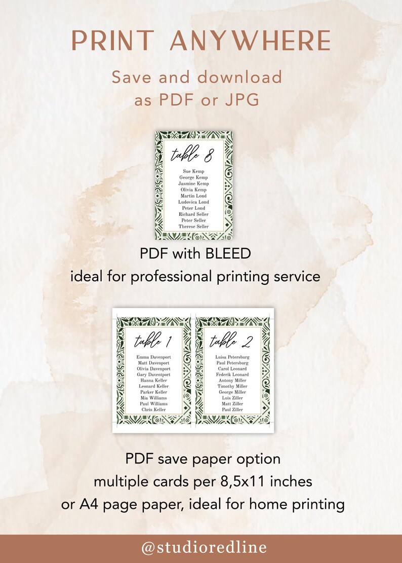 May include: Printable table number cards with a green and white geometric pattern. The cards are labeled "table 1", "table 2", and "table 8" and list names for each table. The text "PDF with BLEED" and "PDF save paper option" is also included.