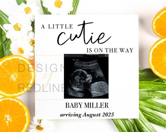 Ogłoszenie o ciąży A Little Cutie dla mediów społecznościowych, cyfrowe ogłoszenie Citrus Baby, spersonalizowany szablon skanowania pomarańczy do edycji w formacie PDF