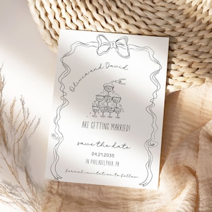 Annuncio di matrimonio con fiocco disegnato a mano e torre champagne, colori editabili, edita e stampa, fai da te