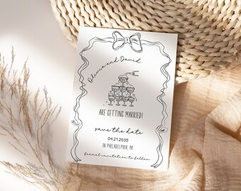 Hand-drawn Save the Date Card template, Champagne tower Wedding announcement template, handwritten bow , editable wedding invitation AA051