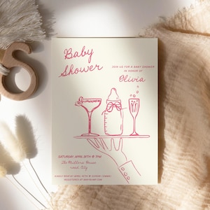 Invito Baby Shower con disegni a mano, template da editare e stampare, divertente con biberon e drink aa059