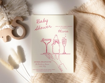 Baby Shower invitation template, Cocktails and baby bottle hand drawn Baby Girl Shower invite, whimsical handwritten,editable colors AA059