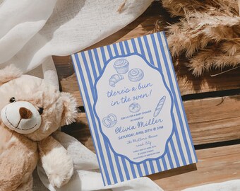 Bun in the oven Baby shower invitation,  blue pinstripes editable template AA129