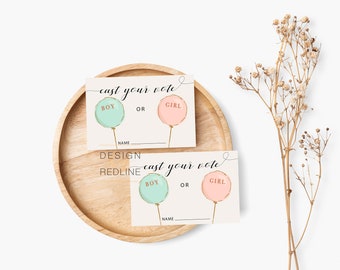 Puede incluir: Dos tarjetas blancas con el texto "cast your vote" y una opción entre "boy" o "girl" representada por un globo. Los globos son de color azul pastel y rosa.