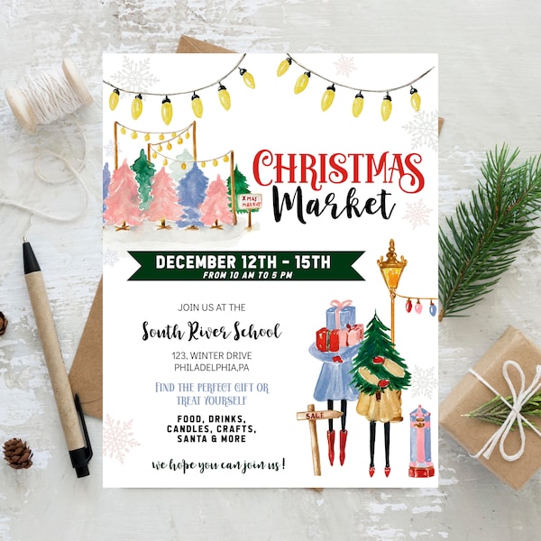 Christmas market flyer template, holiday market flyer printable, christmas craft fair invitation, winter community church festival invite