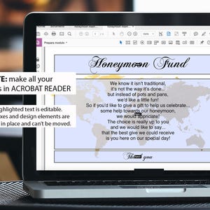 Puede incluir: Una tarjeta imprimible azul claro y blanca con un fondo de mapa del mundo. La tarjeta dice "Honeymoon Fund" en una fuente de escritura dorada. El texto dice "Sabemos que no es tradicional, no es la forma en que se hace... pero en lugar de ollas y sartenes, nos gustar&iacute;a un poco de diversi&oacute;n! As&iacute; que si quieres hacer un regalo para ayudarnos a celebrar... algo de ayuda para nuestra luna de miel, lo apreciar&iacute;amos! La elecci&oacute;n realmente depende de ti y nos gustar&iacute;a decir... que el mejor regalo que podr&iacute;amos recibir es que est&eacute;s aqu&iacute; en nuestro d&iacute;a especial! Gracias."
