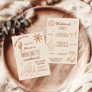 Desert Bachelorette weekend Invitation and Itinerary Template, Scottsdale Before the Veil, Retro Scribble Hen Weekend editable AA065