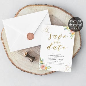 Save the date cartolina invito per il matrimonio | template modificabile PDF| Fiori acquerello eleganti e oro | #FGG