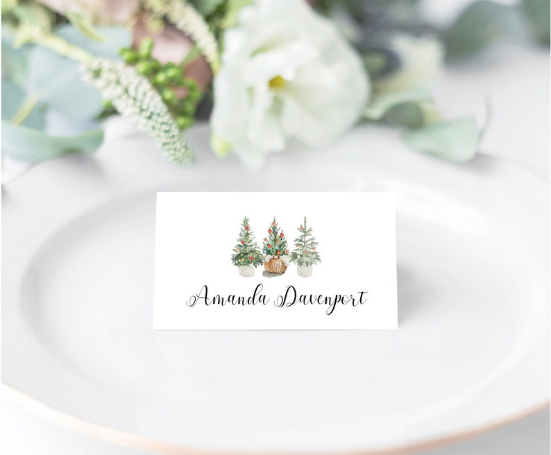Christmas Place Cards Template, Holiday Place Card editable, Place Card Christmas Oine trees, Editable table name Card image 1