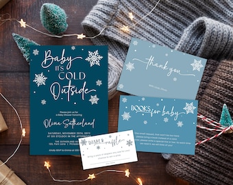Winter Baby Shower invitation set, Blue Boy Snowflake Baby It's Cold Outside Baby Shower Invitation suite, Bundle, books diaper raffle AA041
