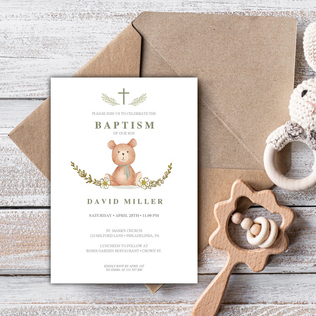 Baptism Bear Invitation Printable, Gender Neutral Baptism Invite ...