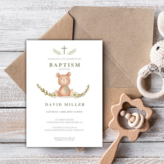 Baptism Bear Invitation Printable Gender Neutral Baptism | Etsy
