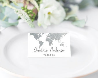 Silber Weltkarte Tischkartenvorlage, Hochzeit Begleitkarte zum Ausdrucken, SOFORTIGER DOWNLOAD bearbeitbar PDF, faltbar oder flach