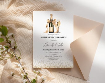 Elegant Retirement Party Invitation template, Cheers champagne bottle and glass with bow, gold confetti, digital download AA067