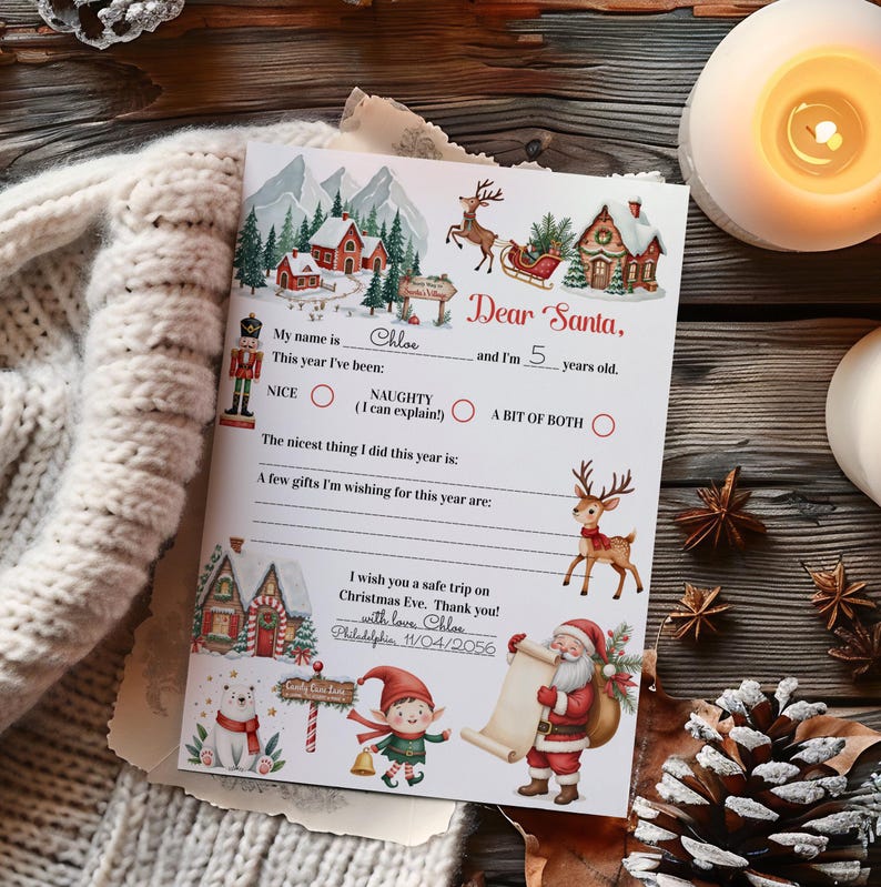 Cute Letter to Santa Claus template, featuring gorgeous illustrationsof Santa Claus, Elf, reindeer, North Pole Village.