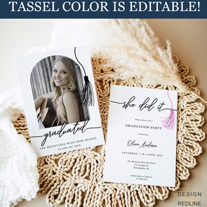 May include: Two graduation party invitations with a black and white tassel design. The first invitation features a photo of a graduate with the text "graduated" and "The Mountains West High School Class of 2029". The second invitation features the text "she did it" and "Graduation Party celebrating Olivia Anderson Saturday 10 June 2029".
