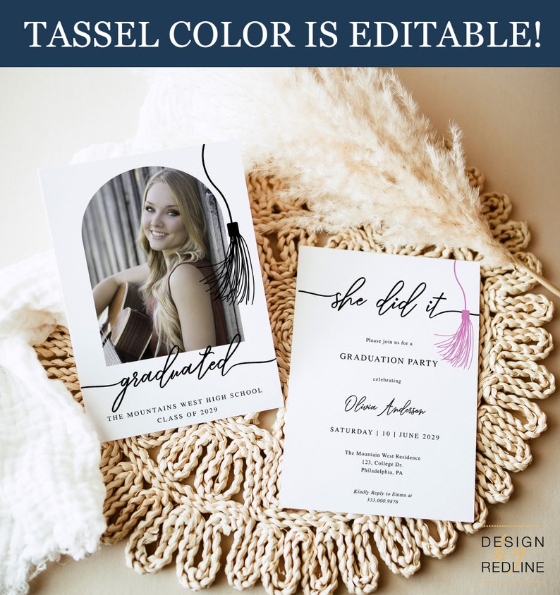 May include: Two graduation party invitations with a black and white tassel design. The first invitation features a photo of a graduate with the text "graduated" and "The Mountains West High School Class of 2029". The second invitation features the text "she did it" and "Graduation Party celebrating Olivia Anderson Saturday 10 June 2029".