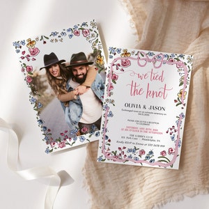 Invito matrimonio personalizzato disegnato a mano, con fiori acquerello e fiocco, elegante template da stampare, fotografia sul retro,  AA09