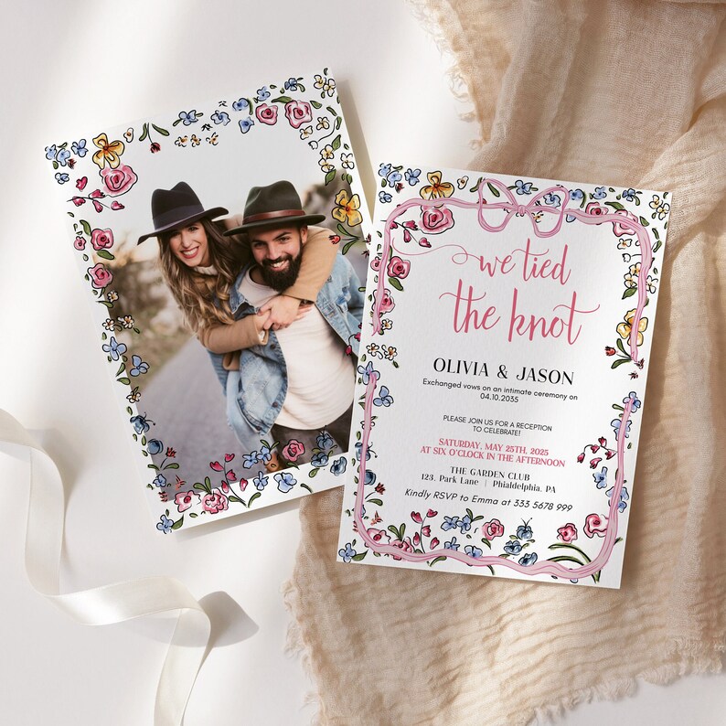 May include: A floral wedding invitation with a pink ribbon tied in a bow. The invitation reads "We tied the knot" with the couple's names, Olivia and Jason, and the date of their wedding. The invitation also includes details about the reception, including the date, time, and location.
