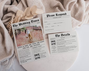 Newspaper Wedding Invitations Template, Unique wedding invitation set printable, invitation card rsvp and details | Editable Corjl Design