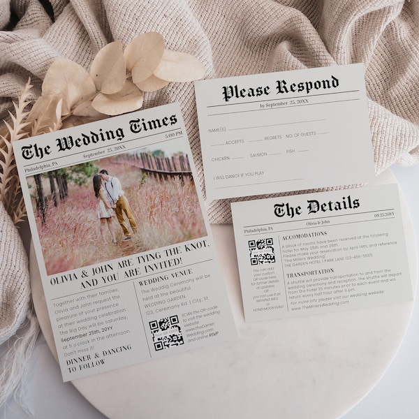 Newspaper Wedding Invitations Template, Unique wedding invitation set printable, invitation card rsvp and details | Editable Corjl Design