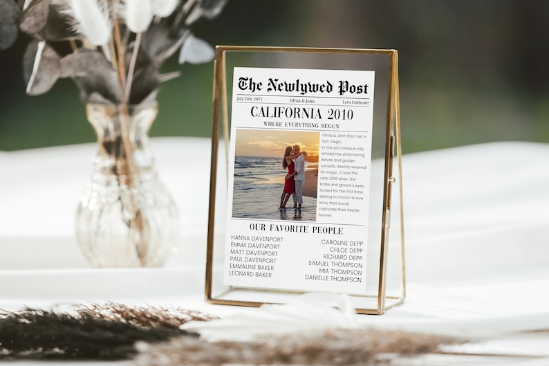 May include: A gold-framed photo with a newspaper-style design. The headline reads "The Newlywed Post" and the subheading reads "California 2010 Where Everything Began". The photo shows a couple on a beach at sunset. The text below the photo lists "Our Favorite People" and includes a list of names.