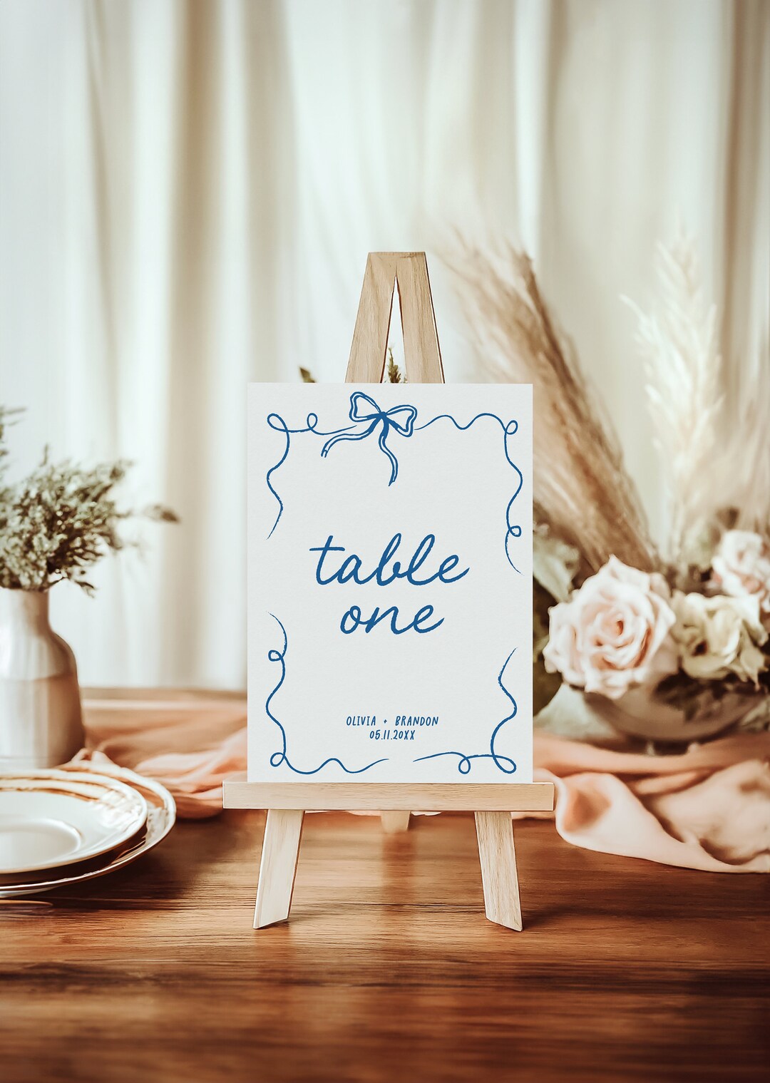 French Blue Table Numbers Template , Whimsical Bow, Hand Drawn Ribbon ...