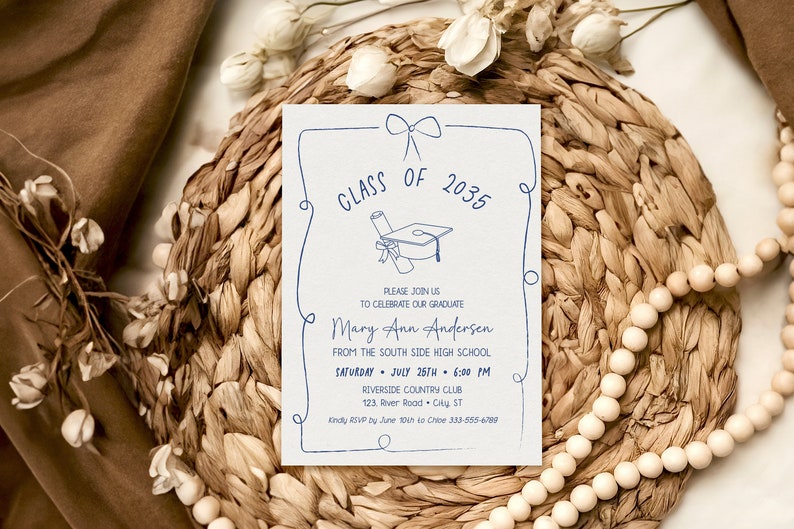Graduation invitation template featuring a hand-illustrated bow. Beautifully handwritten, it can be personalized with your photo on the back.
